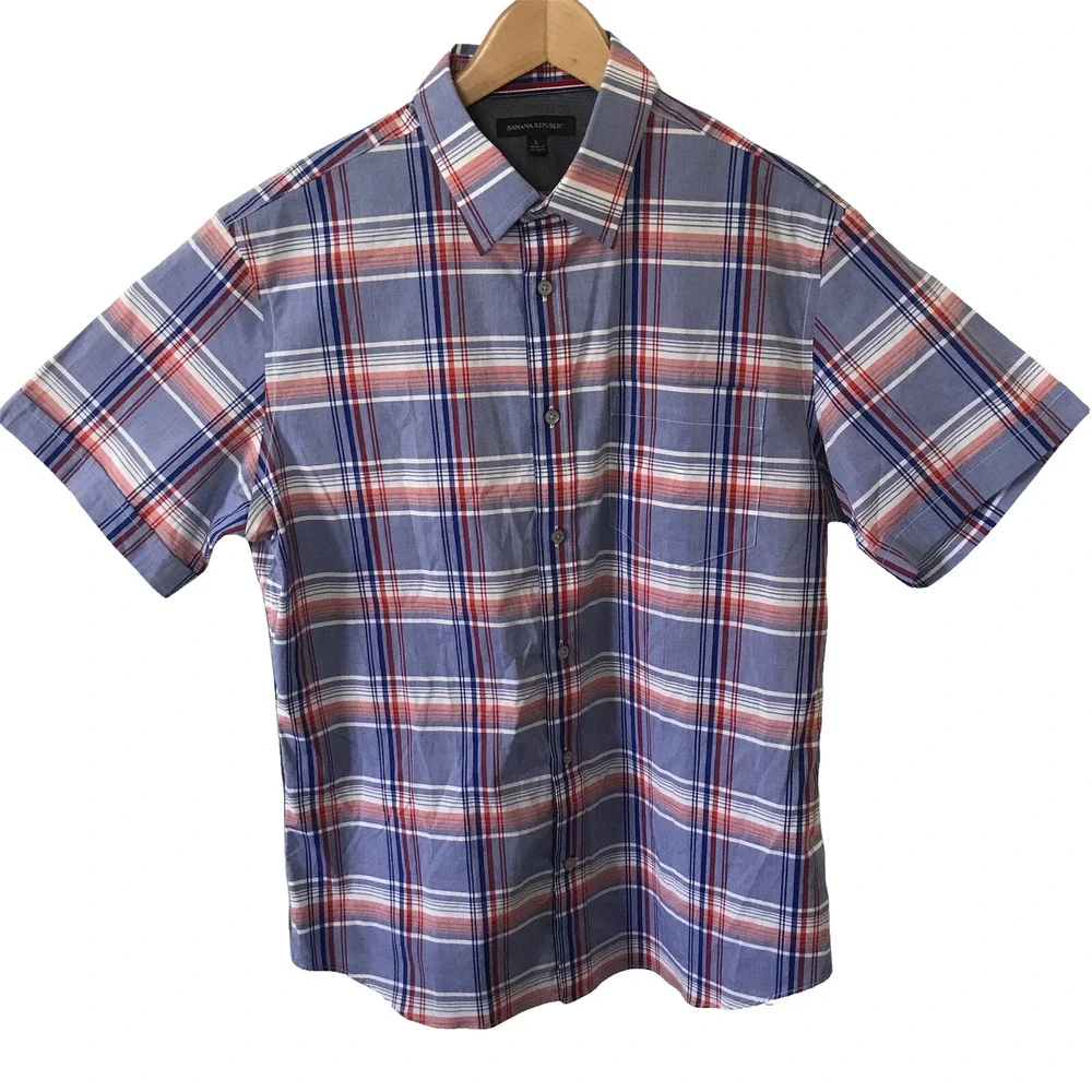 Banana Republic Shirt Mens Large Short Sleeve Blue Plaid Button Front w Stretch